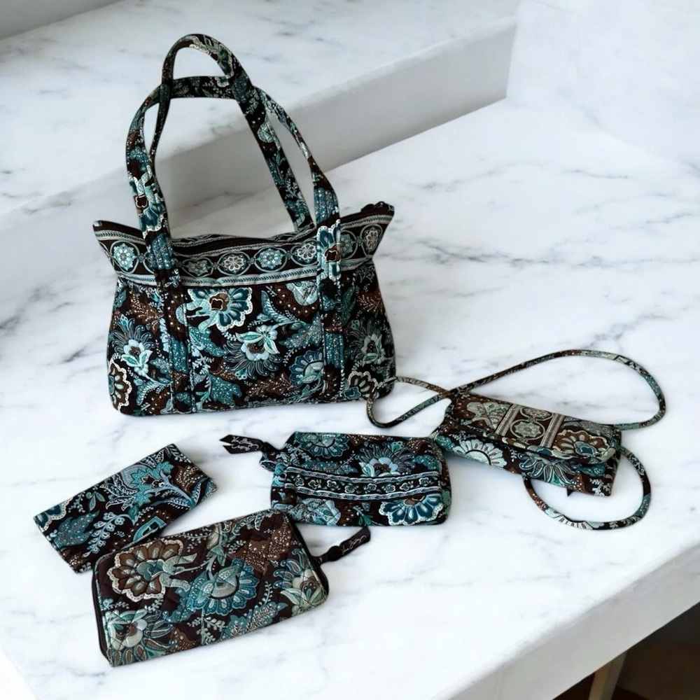 Vera Bradley Paisley Shoulder Bag Purse Wallet Checkbook Makeup crossbody 5 pc